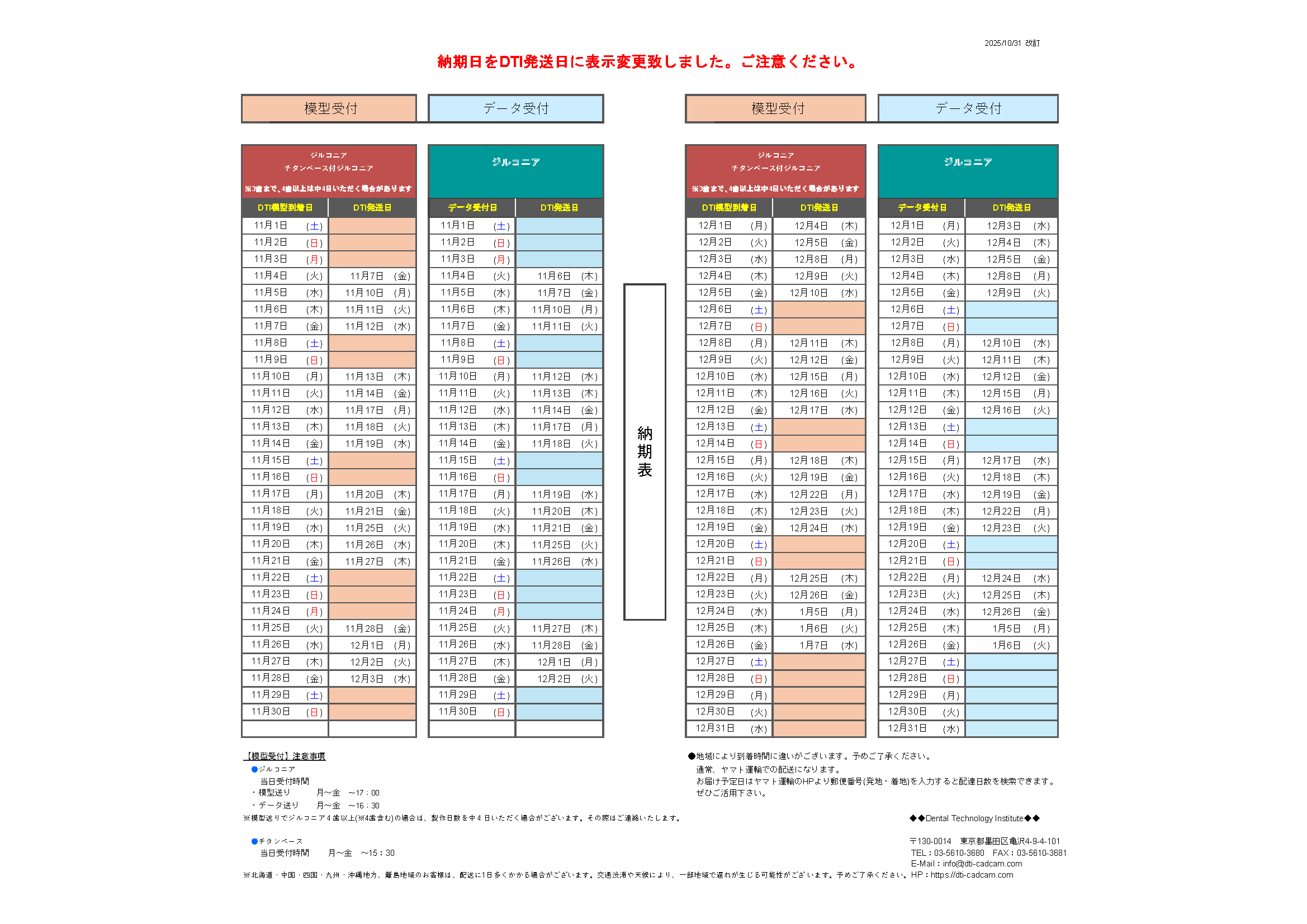 納期表　DTI東京　ジルコニア受注用　2025年11月/12月