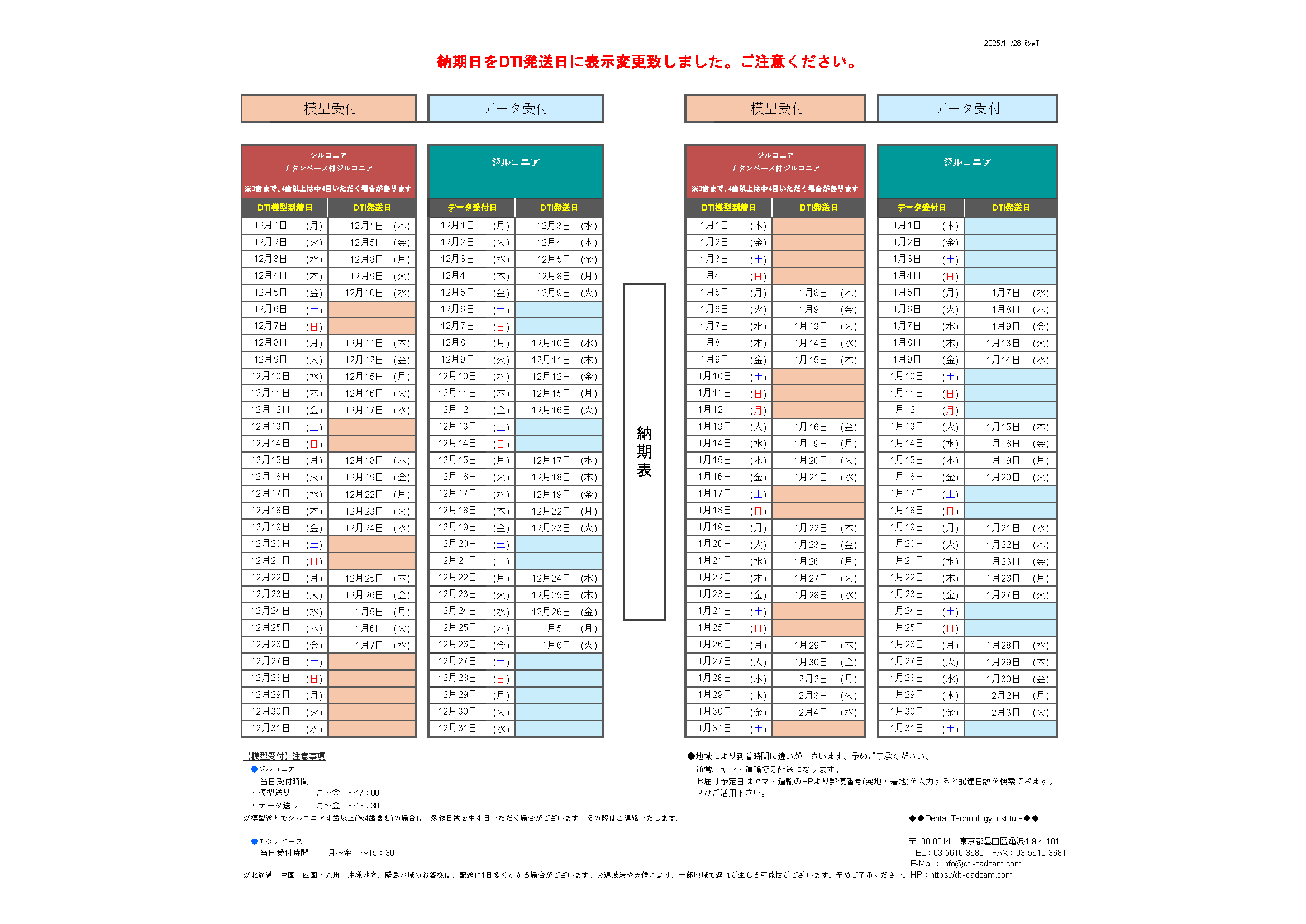 納期表 DTI東京 ジルコニア受注用 2025年12月/2026年1月