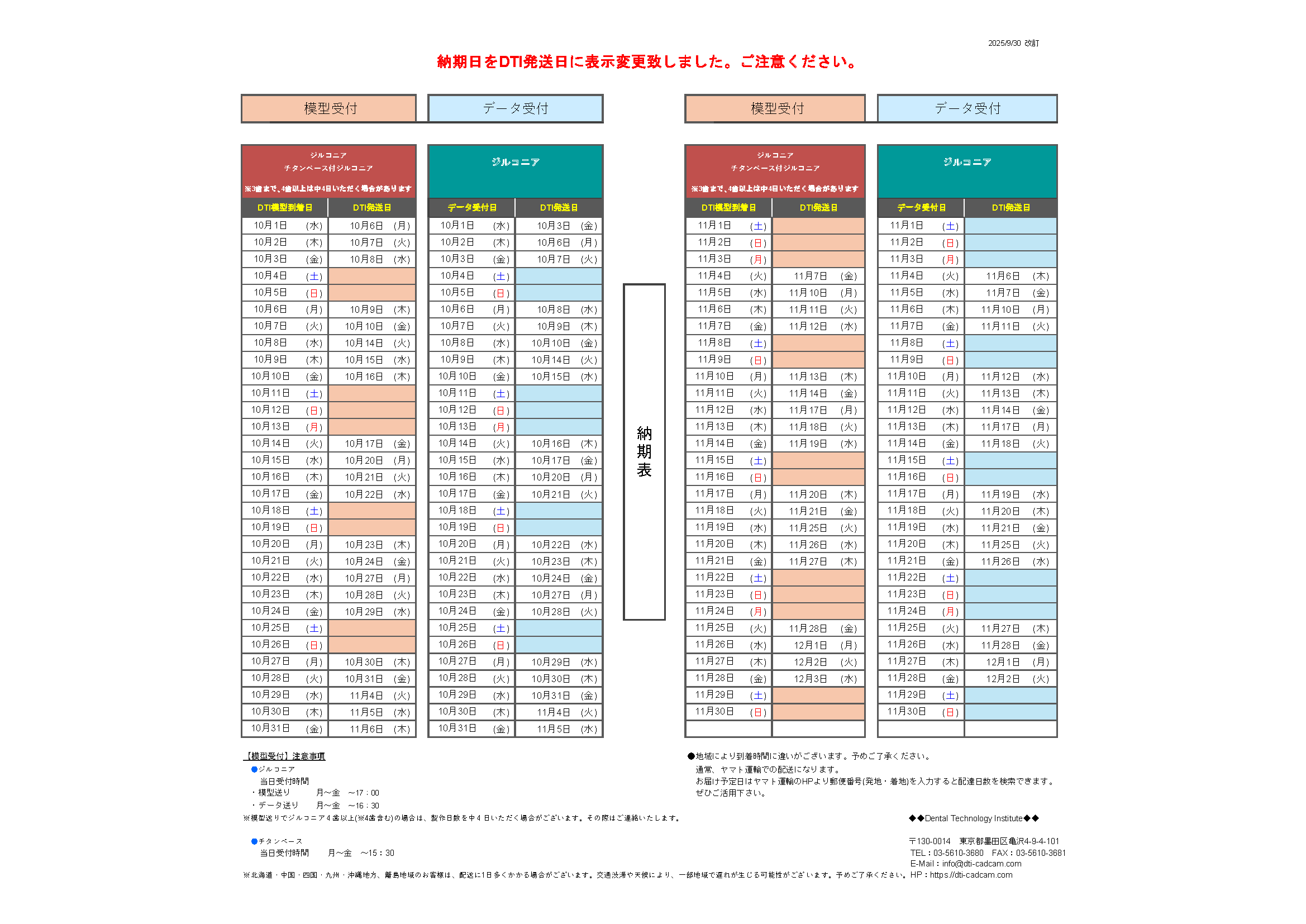 納期表　DTI東京　ジルコニア受注用　2025年10月/11月