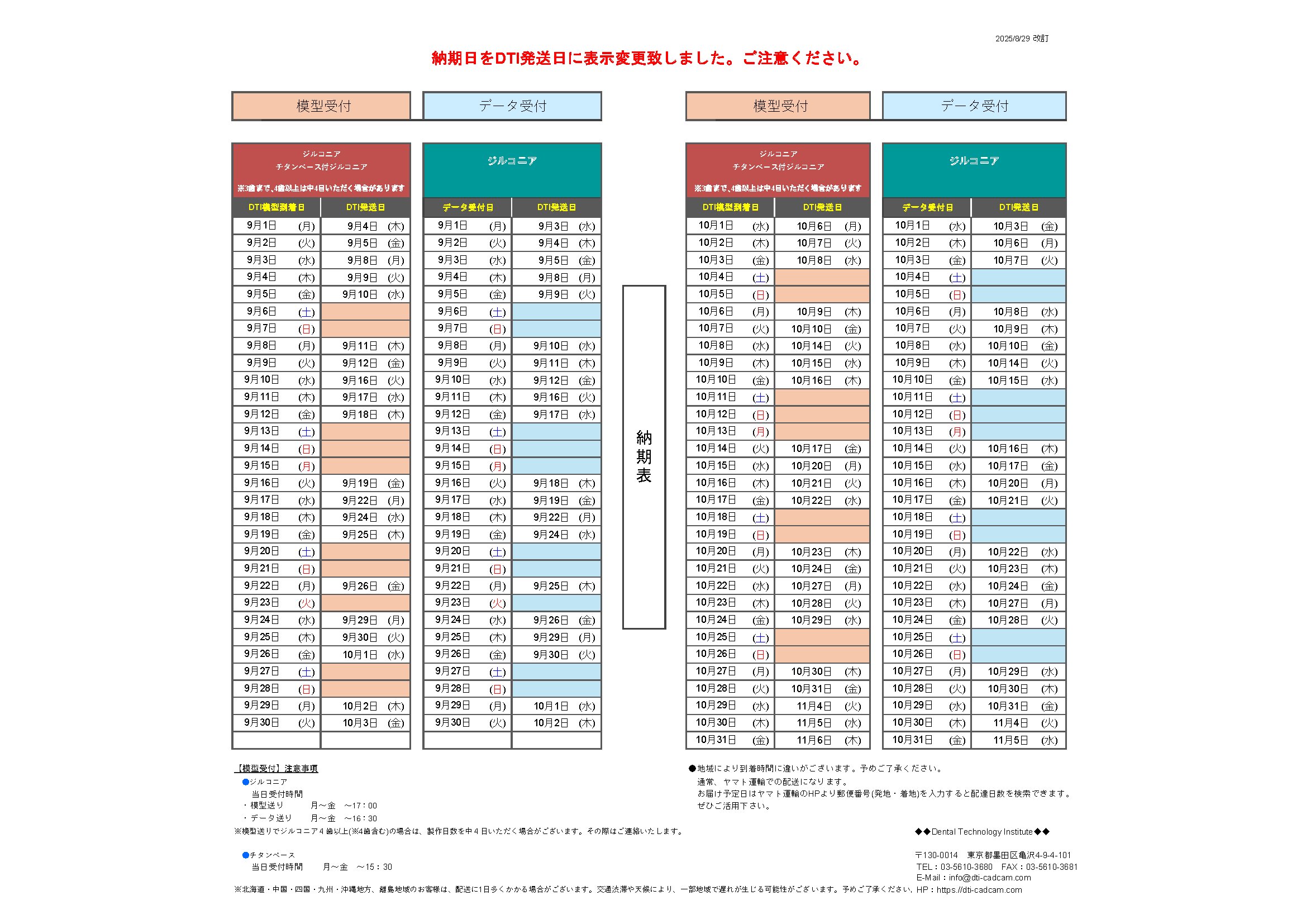 納期表　DTI東京　ジルコニア受注用　2025年9月/10月